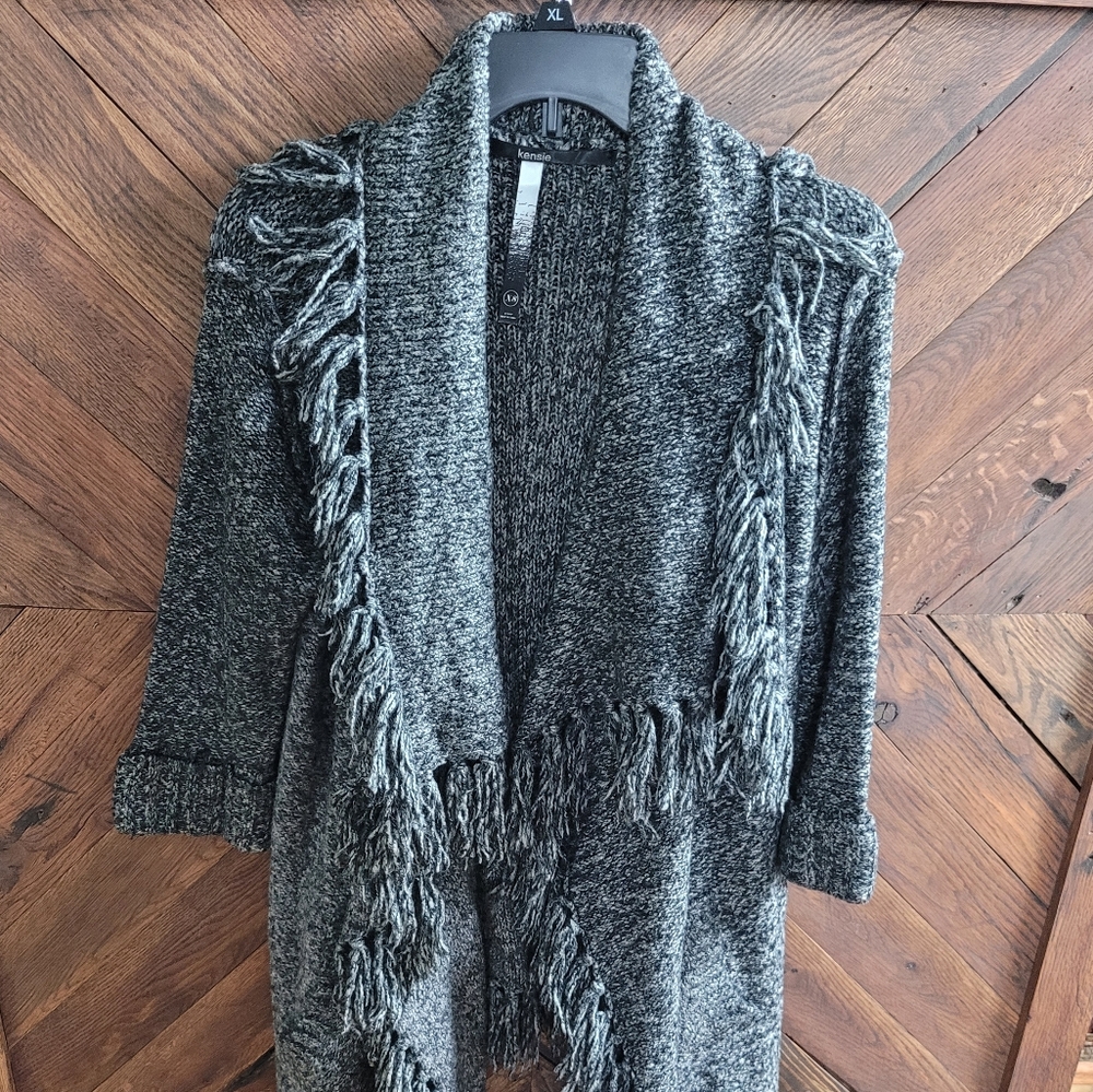 Kenzie Gray Fringe Trimmed Long Bohemian Sweater Cardigan